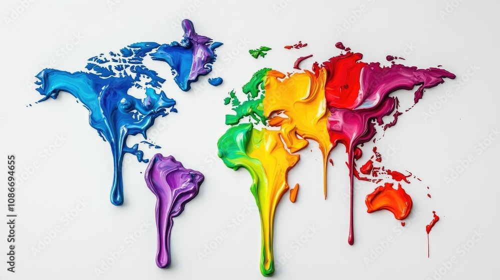 Poster colorful melting world map painted in vibrant dripping acrylics creating a unique artistic represent