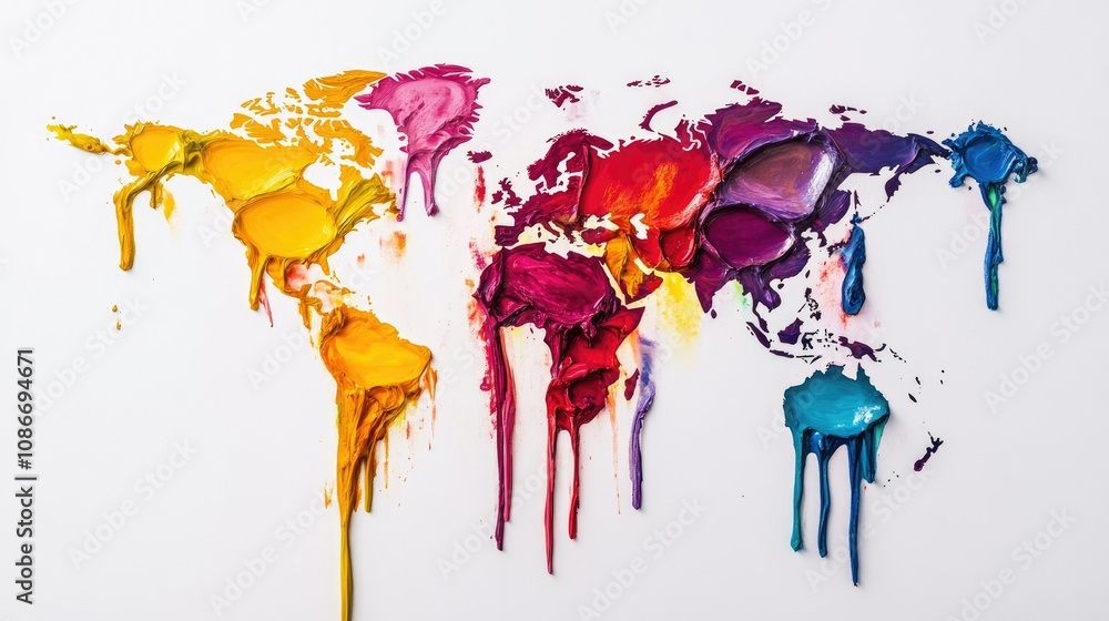 Poster colorful world map created with paint drips on canvas showcasing artistic representation of continen