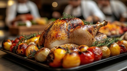 Delicious roasted chicken with colorful vegetables and herbs, showcasing culinary expertise.