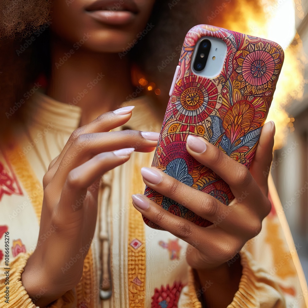 Poster a person interacting with a smartphone that has a bright pattern