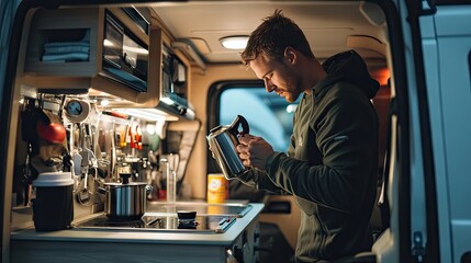 A young Caucasian man in a cozy camper van, preparing coffee with a French press, surrounded by a well-organized kitchen setup.