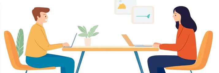 Two individuals are sitting at a table with laptops, engaged in what appears to be a collaborative or work-related discussion in a bright and minimalistic setting