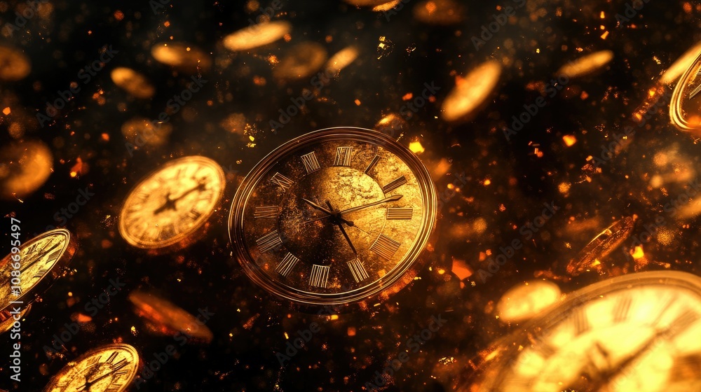 Poster mesmerizing journey through time as golden clocks float in a sparkling universe of light and mystery