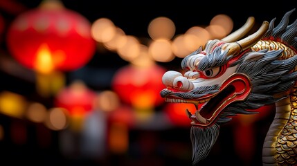 Red lanterns glowing brightly above a lively dragon dance parade for Lunar New Year