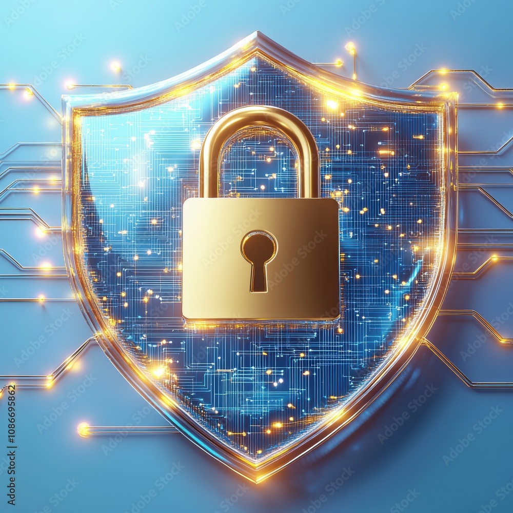 Poster digital shield with golden padlock symbolizing cybersecurity and data protection.