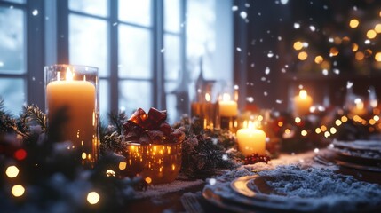 A cozy, winter scene featuring glowing candles, festive decorations, and falling snow, creating a warm holiday atmosphere by a window.