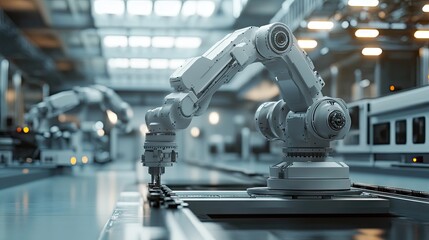 A close-up of a robotic arm in a modern industrial setting, showcasing technology and precision engineering.