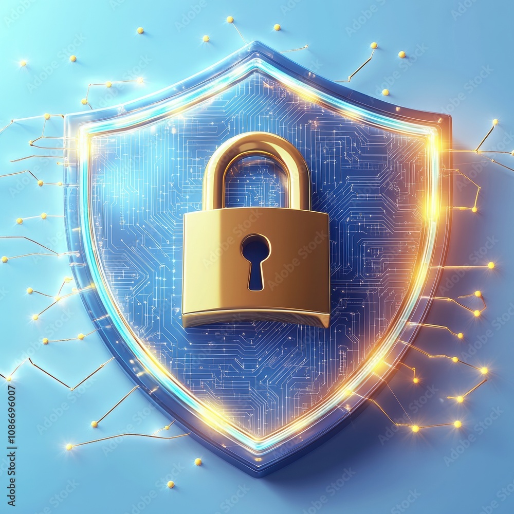Poster a golden padlock on a digital shield symbolizing cybersecurity and data protection.