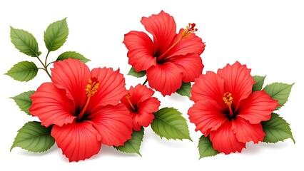 Set of tropical red hibiscus flowers isolated on white background