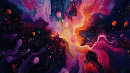 Obraz premium Vibrant Cosmic Abstract Art Featuring Swirls of Colorful Galaxies, Stars, and Planets in a Dreamlike Space Environment
