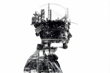 Double exposure of engineer with industrial plant against white background, capturing the essence of construction and manufacturing
