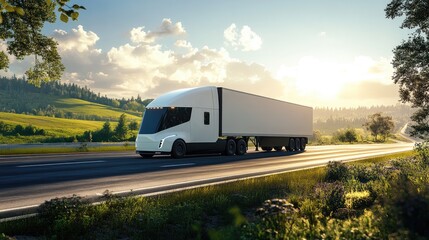 A sleek, futuristic electric truck drives along a scenic highway amidst lush green hills and a vibrant sky.