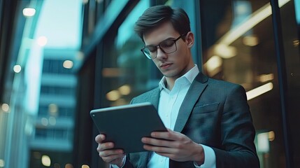 A young Caucasian man in a suit examines a tablet, exuding focus and professionalism in a contemporary office setting.