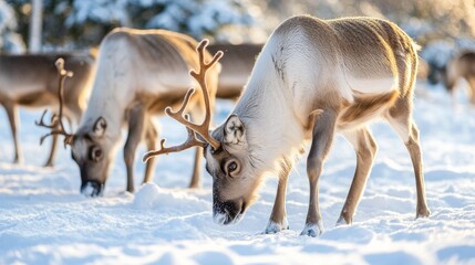 Obraz premium A serene scene of reindeer grazing in fresh snow, showcasing their majestic antlers and winter habitat.