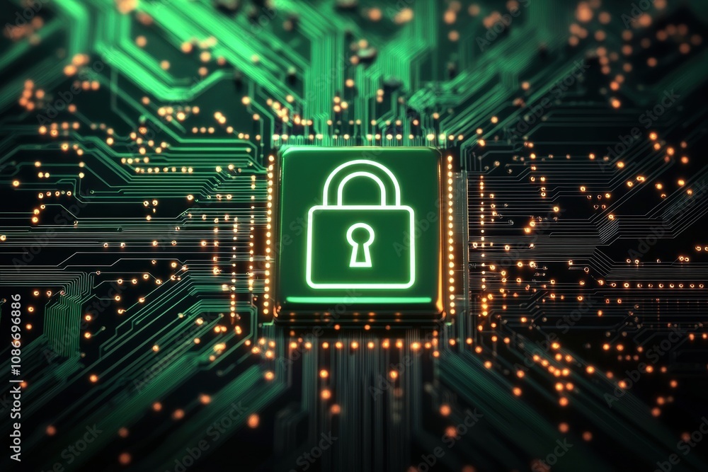 Poster digital padlock symbol on a circuit board background, representing cybersecurity.