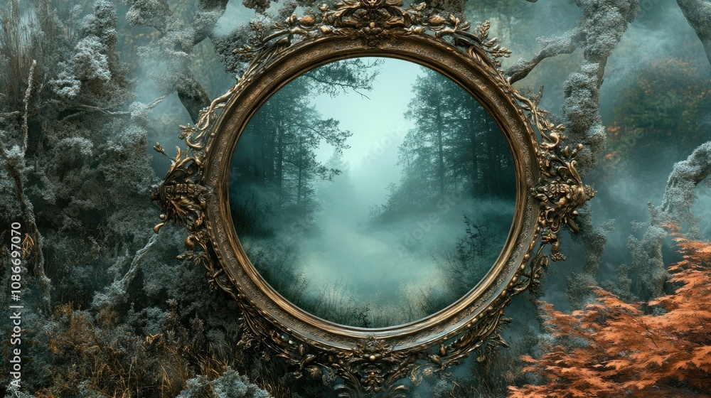 Poster enchanted mirror reflecting mystical forest with fog and mysterious atmosphere surrounded by etherea
