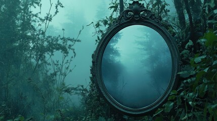 Enchanted Forest Mirror Reflection Surrounded by Fog and Lush Greenery, Capturing a Mystical and Dreamlike Atmosphere of Nature's Beauty