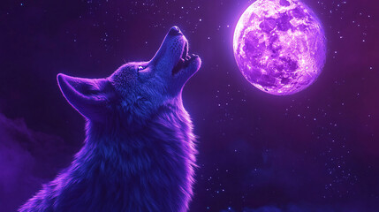 Majestic wolf howling at a glowing, futuristic moon, with neon lights illuminating the fur and stars sparkling above. 