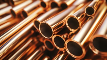 Naklejka premium Stack of Shiny Copper Pipes Industrial Metal Material Texture High Resolution Close up