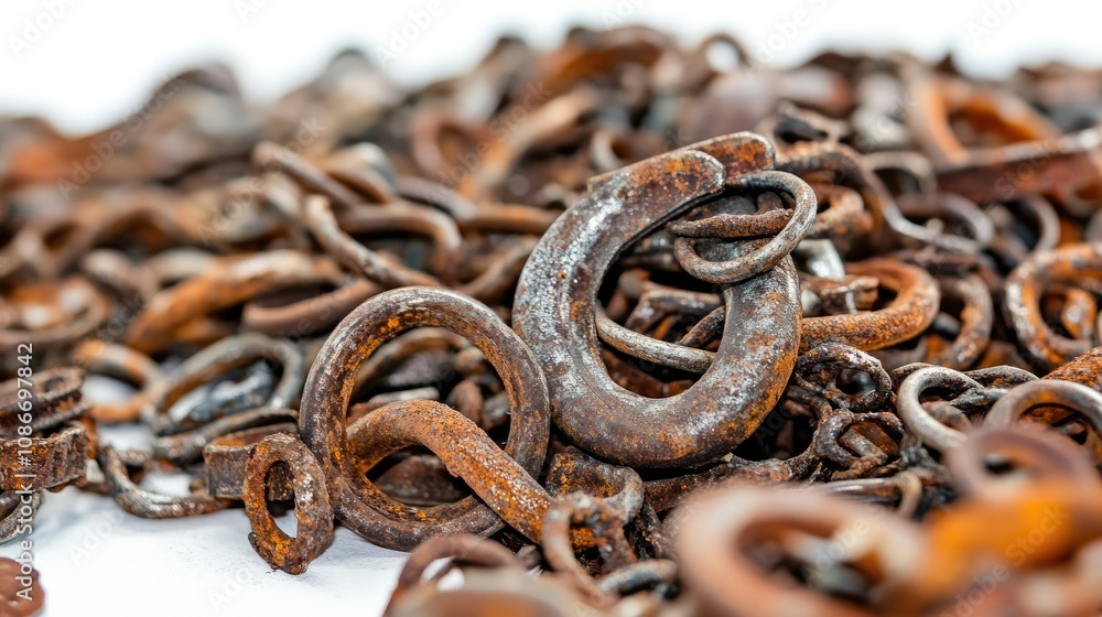 Poster close-up view of aged and weathered metal rings and chains, displaying rusty texture and intricate p