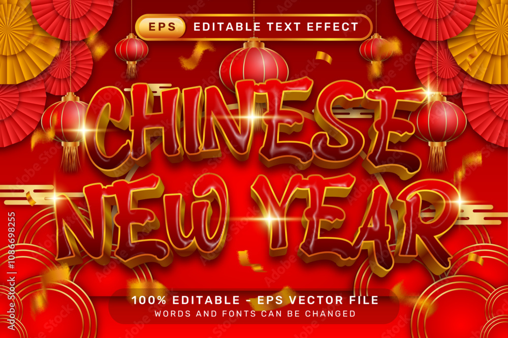 Poster chinese newyear 3d text effect and editable text effect with lanterns and chinese ornaments backgrou