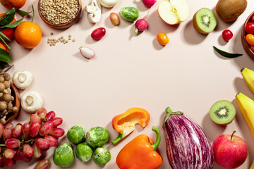 Frame made of fruits, vegetables, and a bowl of lentils, healthy diet flat lay. top view, copy space