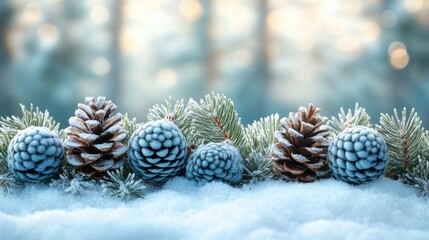 Obraz premium Winter holiday background with snow-covered pinecones and evergreen branches. Frosty natural scenery with a festive atmosphere, perfect for Christmas and New Year designs