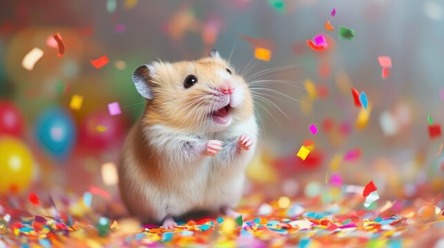 Adorable Hamster Celebrating with Colorful Confetti in a Festive Atmosphere, Perfect for Pet Love and Joyful Moments in Photography