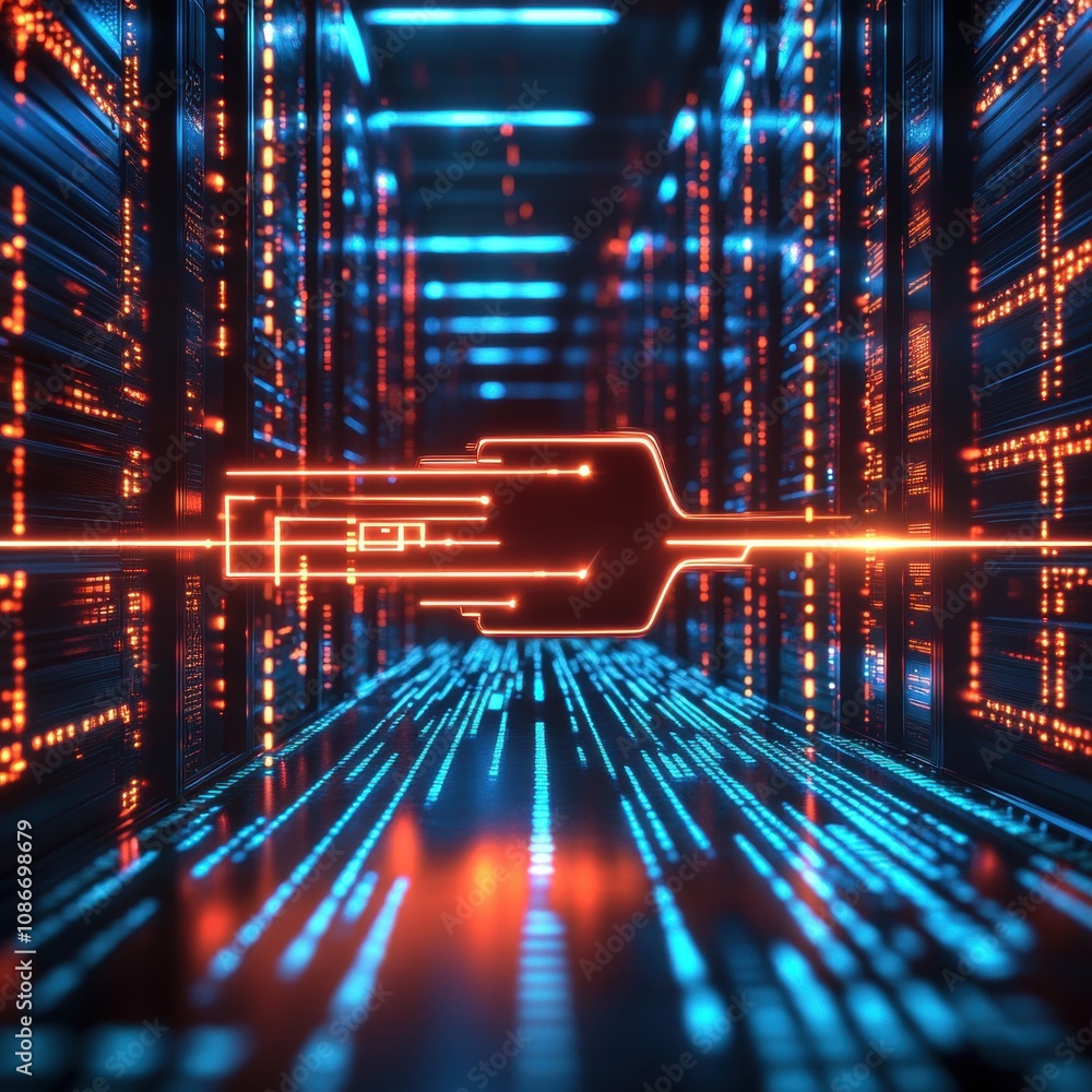 Poster futuristic data center with glowing server racks and neon digital connections.