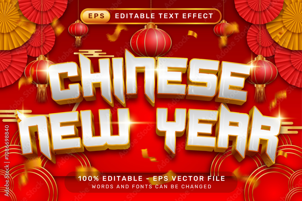 Poster chinese new year 3d text effect and editable text effect with lanterns and chinese ornaments backgro
