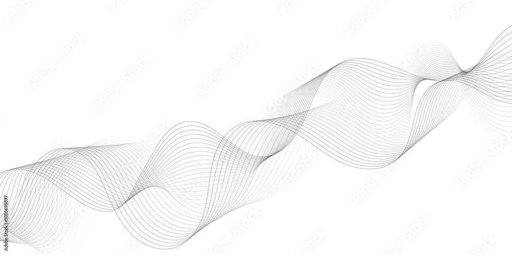 Poster Abstract grey, white smooth element swoosh speed wave modern stream background. Wave with lines created using blend tool. Abstract frequency sound wave lines and twisted curve lines background.	
