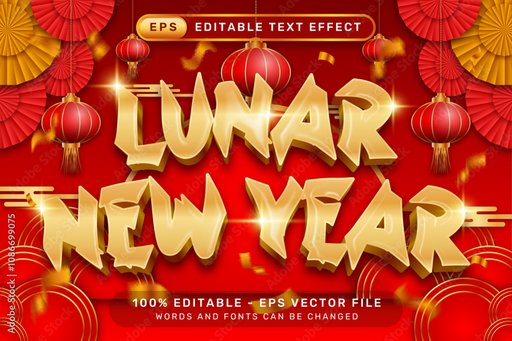 Poster lunar newyear 3d text effect and editable text effect with lanterns and chinese ornaments background