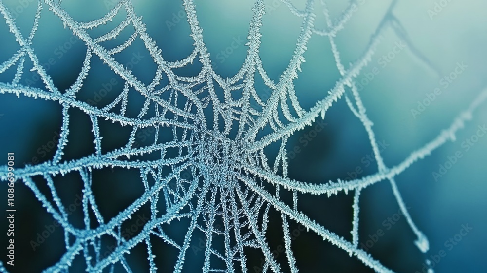 Poster a close-up view of a frost-covered spider web, showcasing intricate patterns and delicate ice crysta