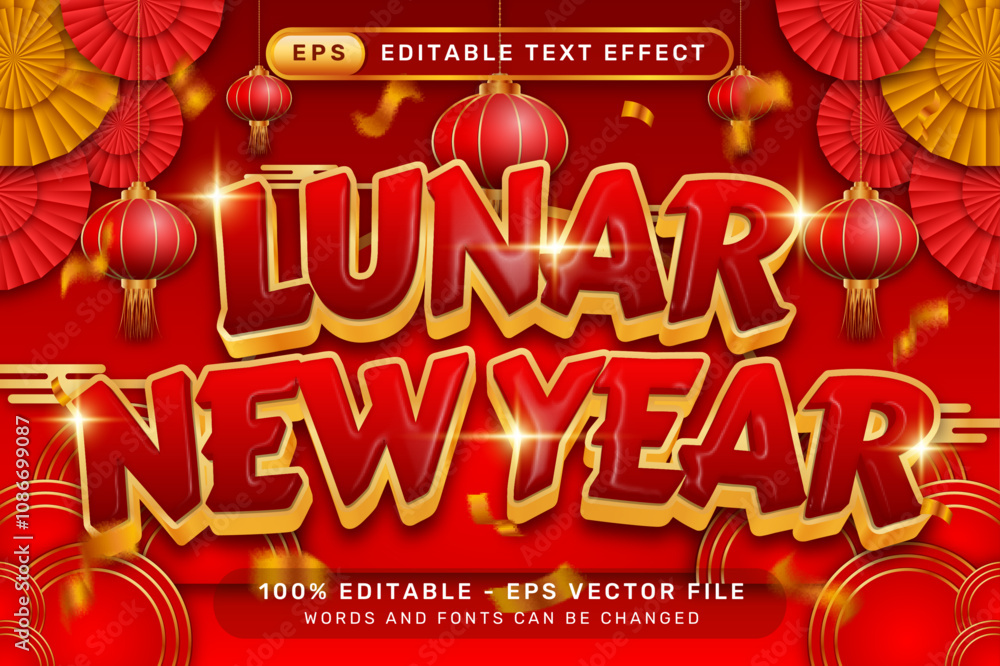 Poster lunar newyear 3d text effect and editable text effect with lanterns and chinese ornaments background