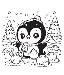 Cute penguin play nature snow coloring design 