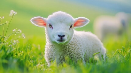 Obraz premium A Curious Lamb in a Field of Green