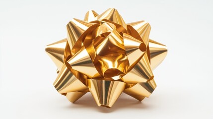 Gold Decorative Bow for Gifts and Presents with a Shiny Finish, Ideal for Holiday Crafts or Special Occasions, Close-Up View on a White Background
