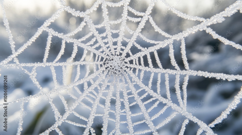 Poster a delicate frost-covered spider web glistens in the light, creating a beautiful winter scene filled 