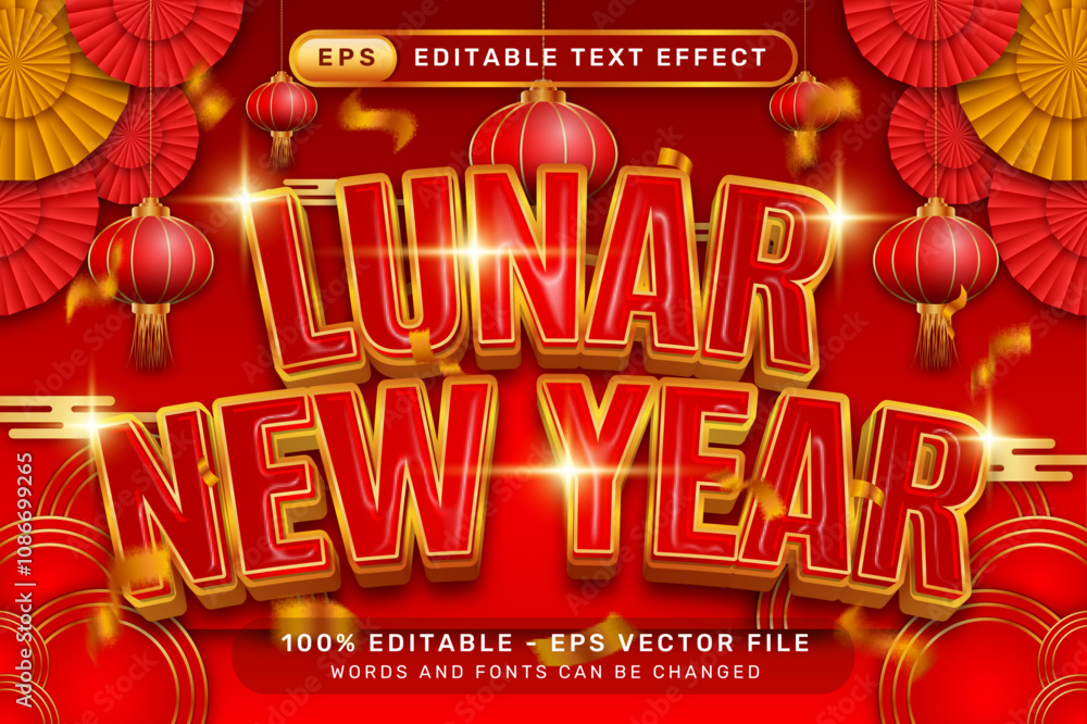Poster lunar newyear 3d text effect and editable text effect with lanterns and chinese ornaments background
