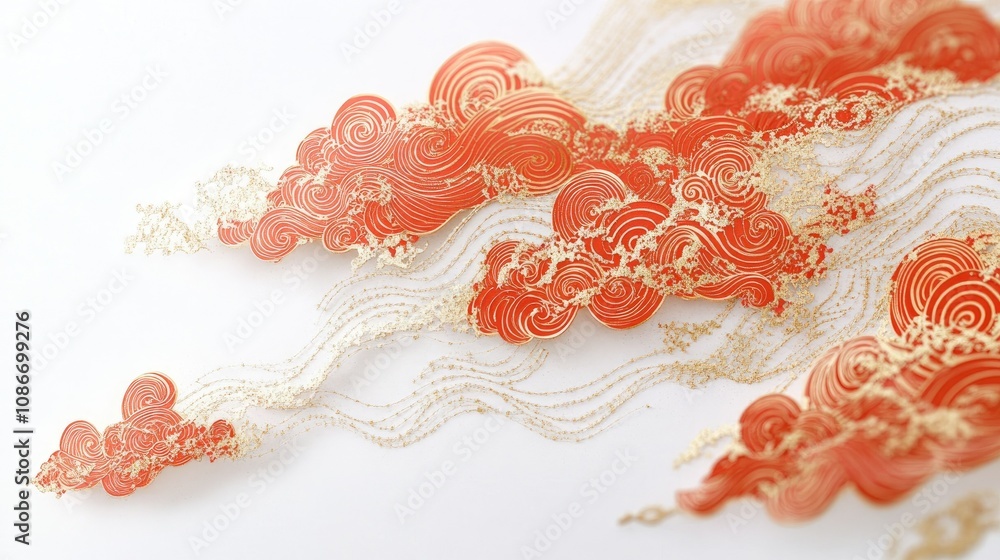 Aufkleber abstract design featuring intricate red and gold swirling clouds on a light background, conveying el