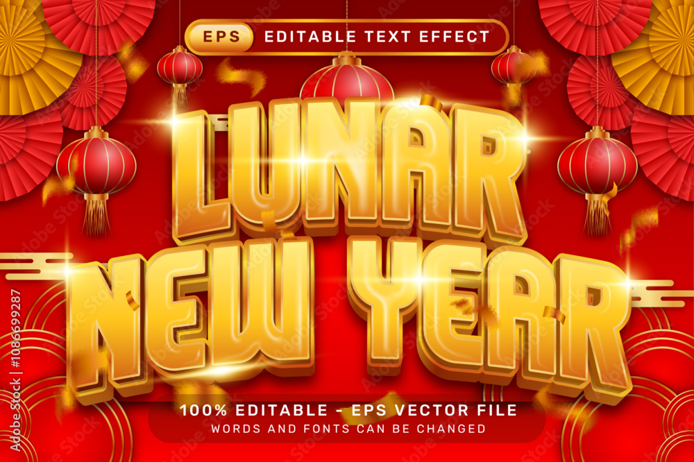 Poster lunar newyear 3d text effect and editable text effect with lanterns and chinese ornaments background