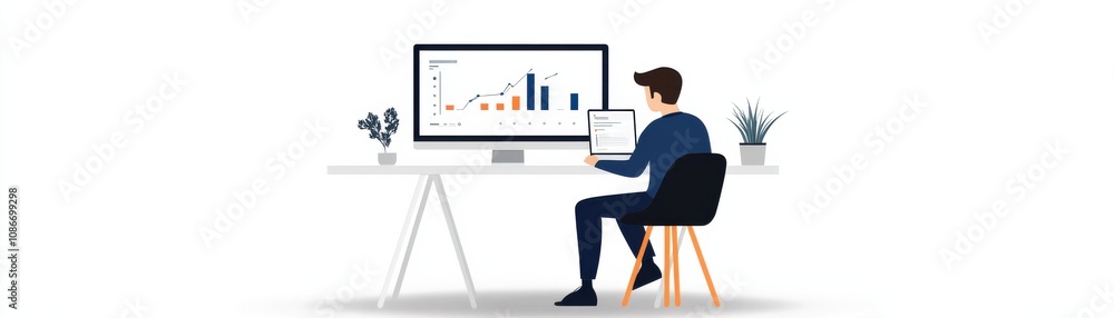 Aufkleber business person analyzing data on computer at modern workspace, white isolate background.
