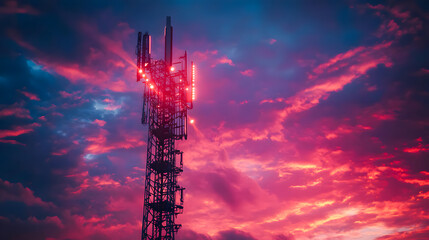 Background image shows a 5G global network technology communication antenna tower for wireless high speed internet
