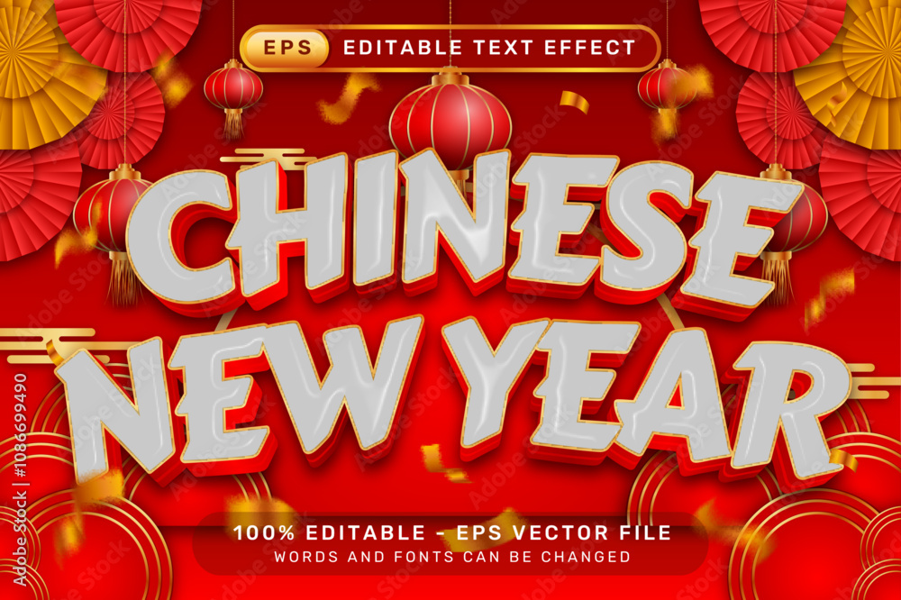 Poster chinese newyear 3d text effect and editable text effect with lanterns and chinese ornaments backgrou