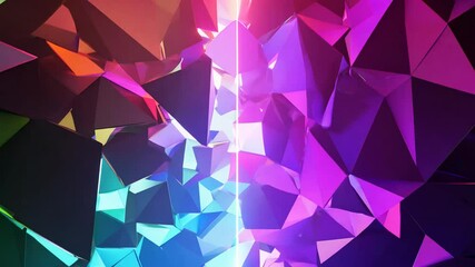 Camera tilts up to reveal vibrant, glowing geometric shapes in a rainbow color scheme, creating a mesmerizing spectacle - Powered by Adobe