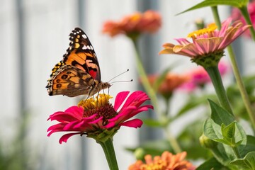 A butterfly sipping nectar from a colorful flower, composition, beauty