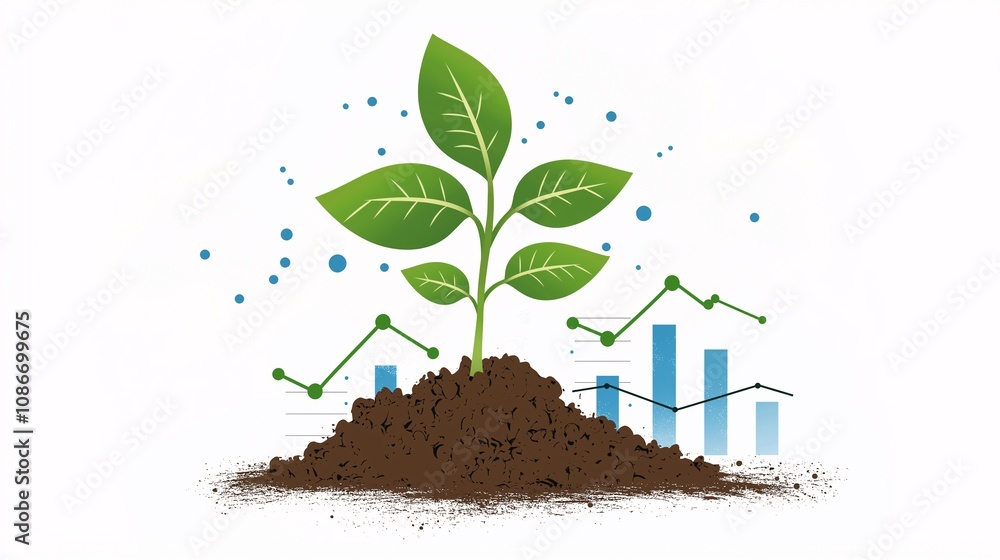 Poster eco-friendly growth design featuring a green plant emerging from soil surrounded by graphs and data 