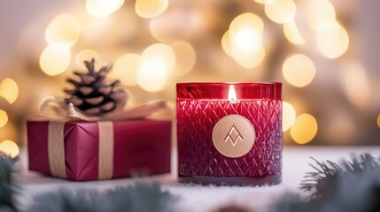 Elegant Red Candle with Flame and Gift Box Surrounded by Holiday Decorations, Ideal for Cozy Winter Evenings and Festive Celebrations