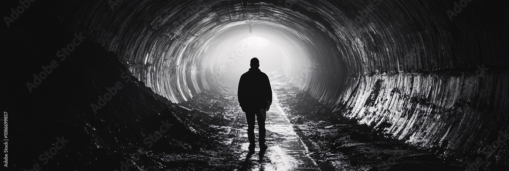Poster mysterious figure hiding in the shadows of a dimly lit tunnel, footsteps echoing in the distance, cr