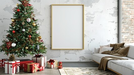 Cozy Christmas Living Room with Tree and Gifts